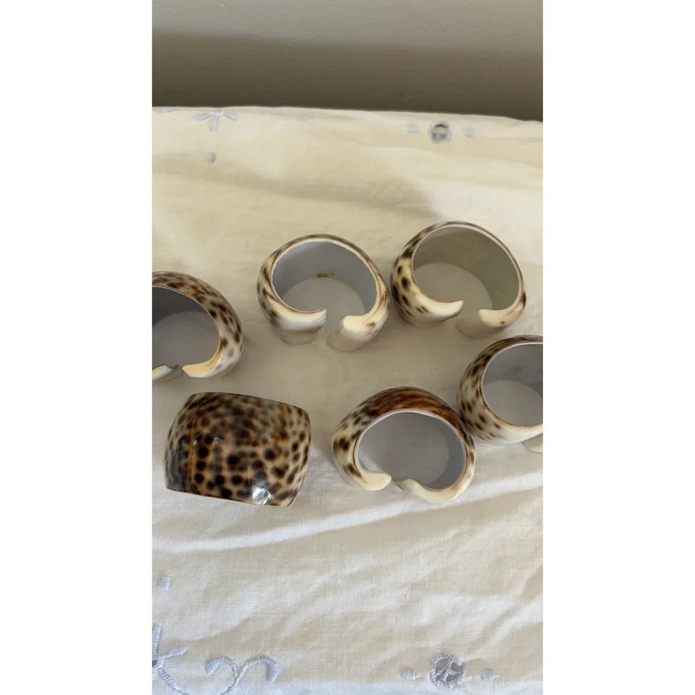 Vintage Tiger Cowrie Shell Napkin Rings Set Of 6 Coastal Beach Table Decor